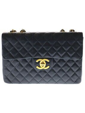 Chanel Maxi Quilted 34 Lambskin Leather S Flap Chain Shoulder Bag Gold Black
